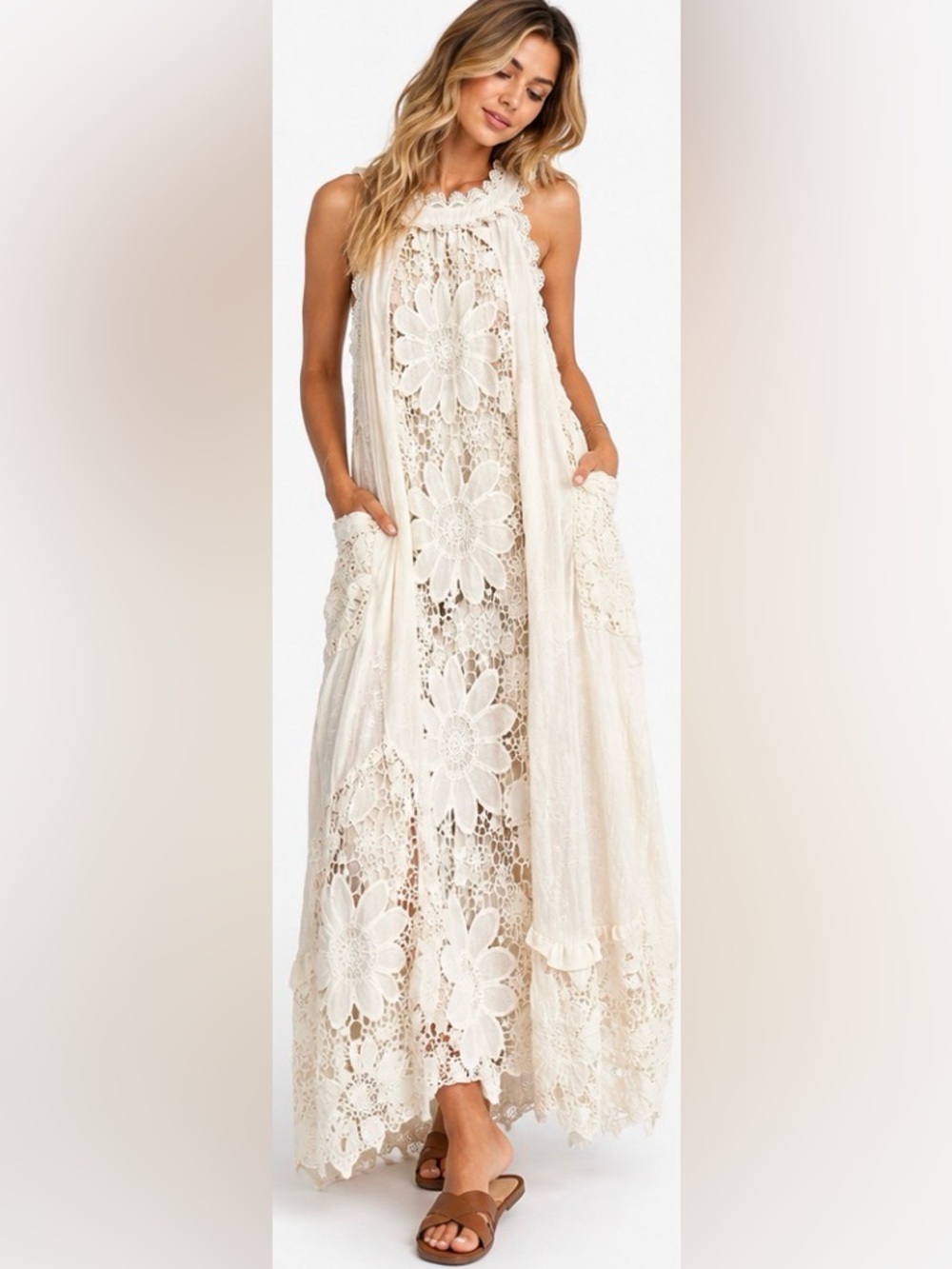 Just Me NWOT Ivory Floral Crochet Appliqué Maxi Dress M Oversized Pockets